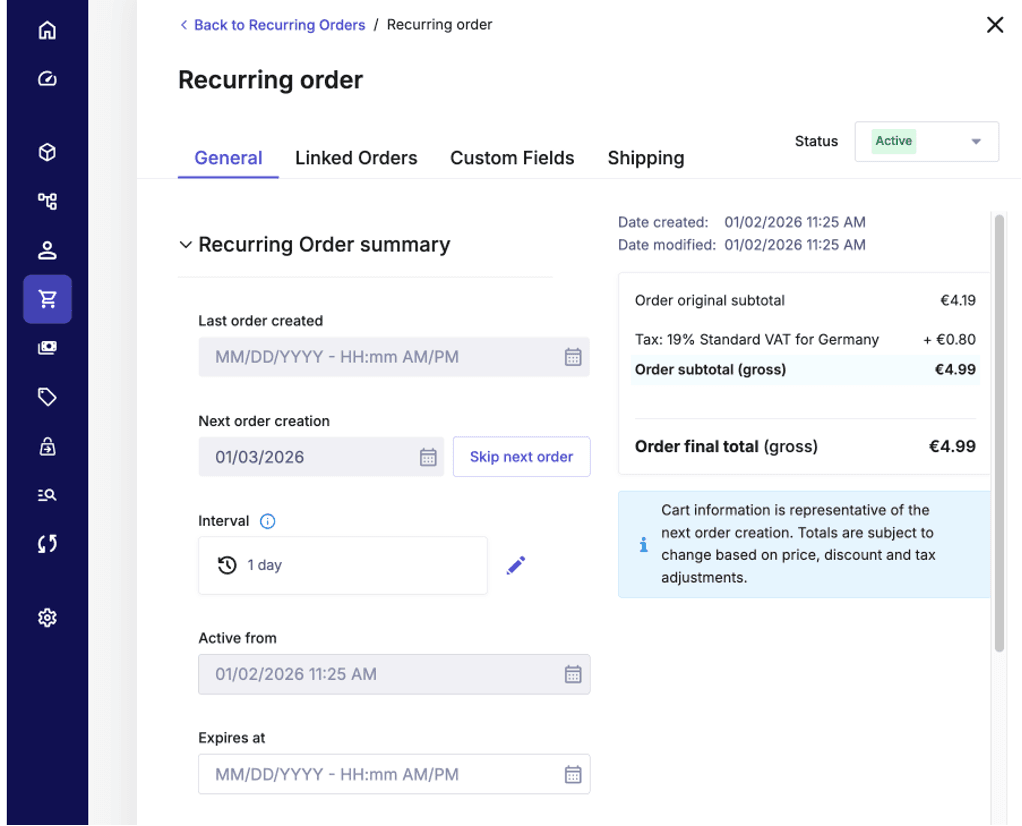 Details of a recurring order in the Recurring orders page in the Merchant Center
