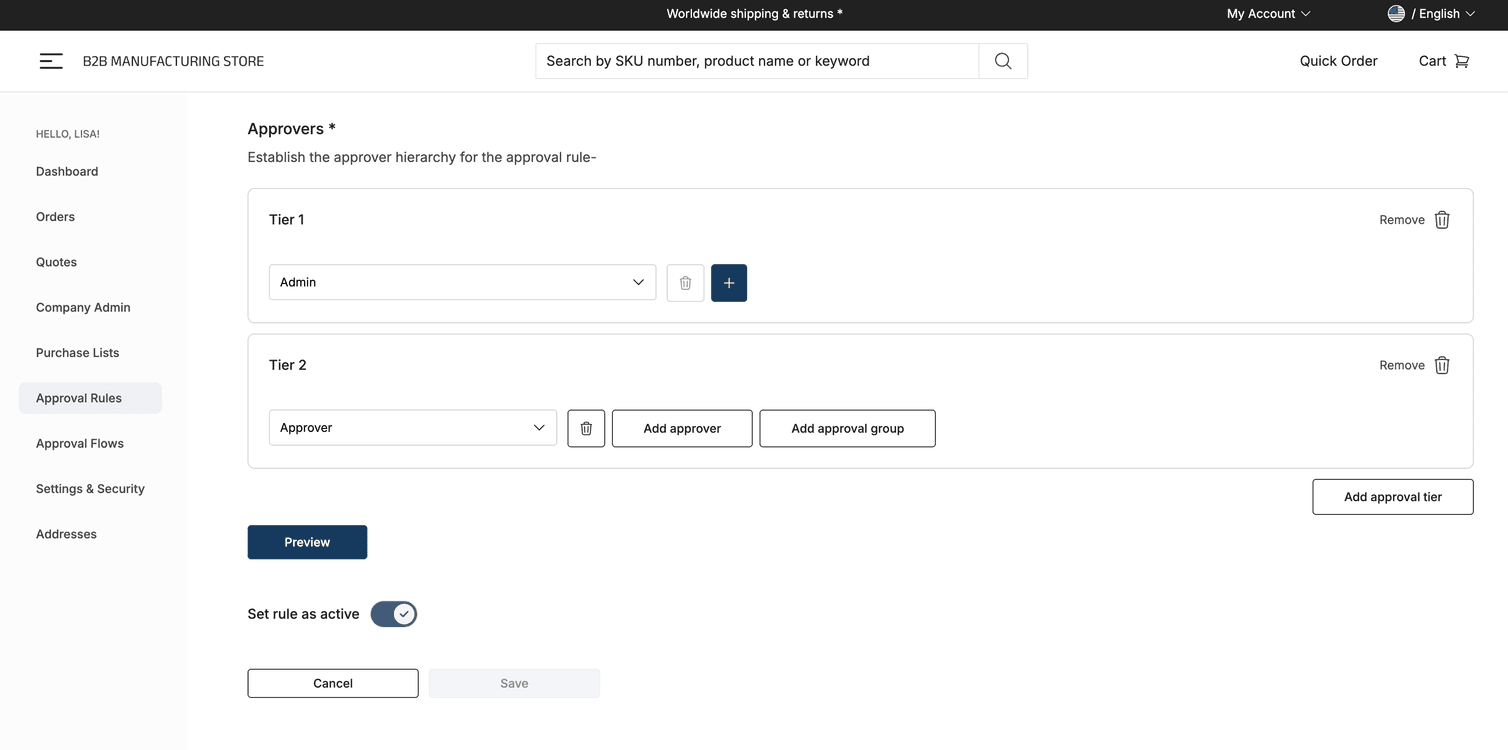Approval Rules page with approvers selected