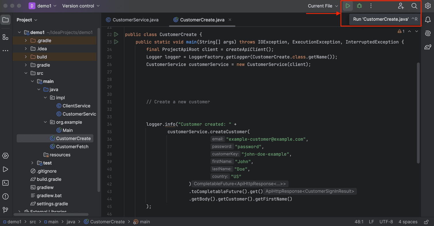 Executing CustomerCreate.java in IntelliJ IDEA.