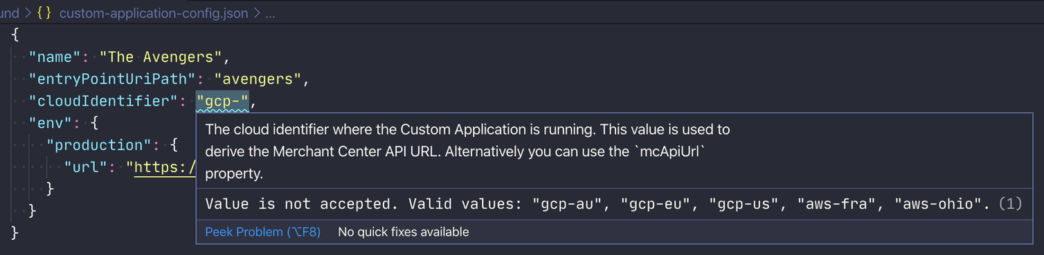 Example validation of the JSON schema in the editor Example validation of the JSON schema in the editor